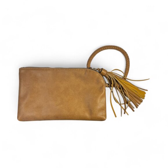 BoHo Vegan Leather Clutch with Braided Cognac Colored Wristlet Handle & Tassels - Picture 3 of 8